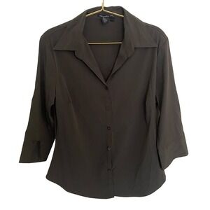 Mandee Women's Dark Olive Green Button Up Stretch 3/4 Sleeve Blouse Top Size L
